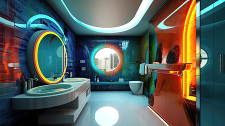 3d render of modern futuristic bathroom with bathtub, shower and mirror and colorful lightsの素材