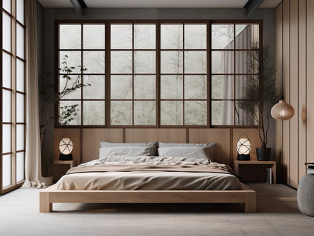 Interior of modern japandi bedroom with brown walls, concrete floor, comfortable king size bed. 3d renderingの素材