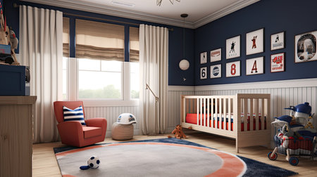 3d render of orange and blue children room interior with blue wall and wooden furniture. Sports fan nurseryの素材