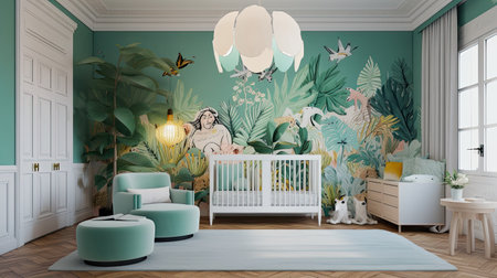 3d Illustration of a childrens room in mint and green color. Nursery with a wall muralの素材