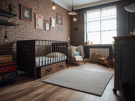 Interior of a child's room in loft style. 3d industrial nursery renderの素材