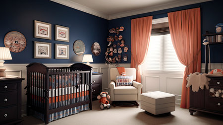 3d render of dark blue texan baby room interior with crib, armchair and toysの素材