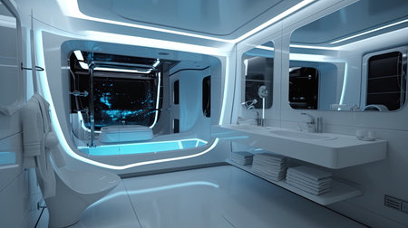 3D rendering of the interior of a futuristic ship bathroom in the futureの素材