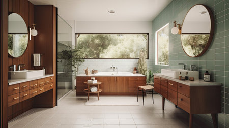 Interior of modern bathroom with green tile walls, tiled floor, comfortable bathtub and sink. 3d renderの素材