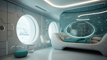 Interior of modern bedroom with white walls, concrete floor, comfortable white bed and round window. 3d renderingの素材