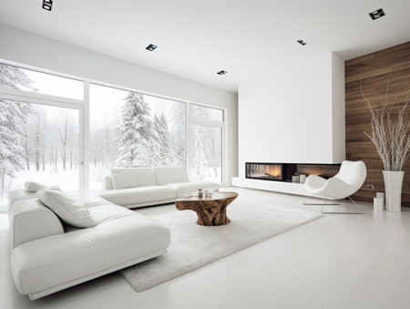 Modern white living room with fireplace and sofa. 3d rendering.の素材