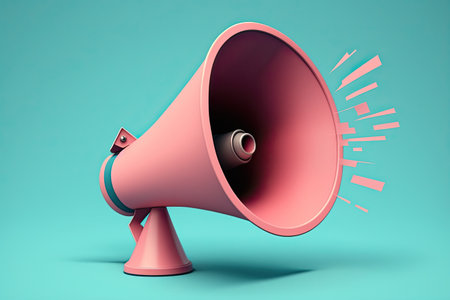 Pink megaphone on blue background. 3D rendering illustration.の素材