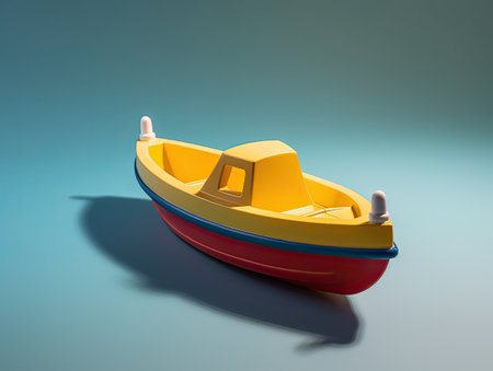 3D render of a small yellow toy boat on a blue backgroundの素材