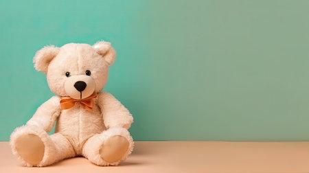 Teddy bear with orange bow tie sitting on pastel background.の素材