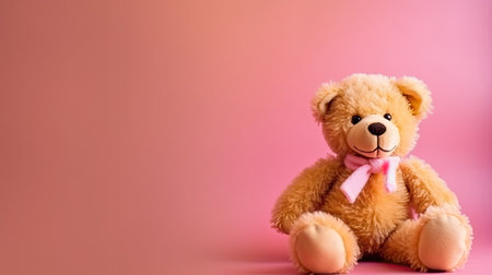 Teddy bear with pink ribbon on pink background. Copy space.の素材