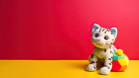 Cute cat toy on red and yellow background with copy space.の素材