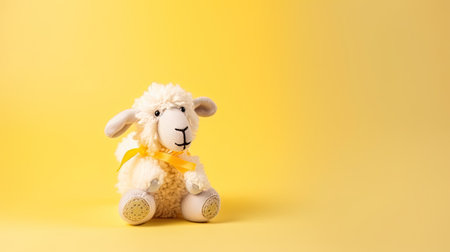 Sheep doll isolated on yellow background with copy space for text.の素材
