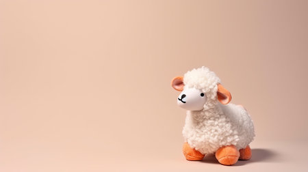 Cute toy sheep isolated on beige background with copy space.の素材