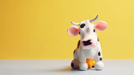 cute cow toy on a yellow background. 3d rendering.の素材