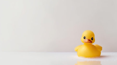 Yellow rubber duckling on white background with copy space for text.の素材