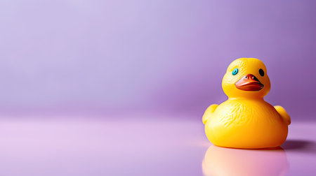 Yellow rubber duck isolated on purple background. Copy space for text.の素材