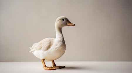 White duck on a gray background. Close-up. Studio photography.の素材