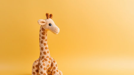 Giraffe toy isolated on yellow background with copy space for textの素材