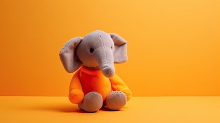 Cute elephant plush toy in orange sweater on orange background with copy space for text.の素材