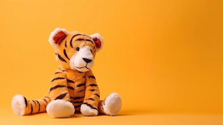 Tiger plush toy isolated on orange background with copy space for text.の素材