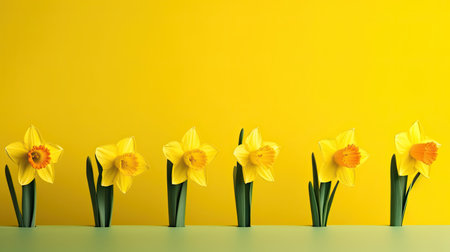 Row of yellow daffodils on a yellow background with copy spaceの素材