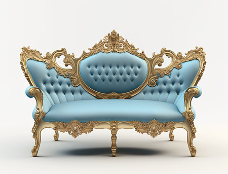 Classic ornamented blue and gold armchair with golden frame on white background. 3D renderingの素材