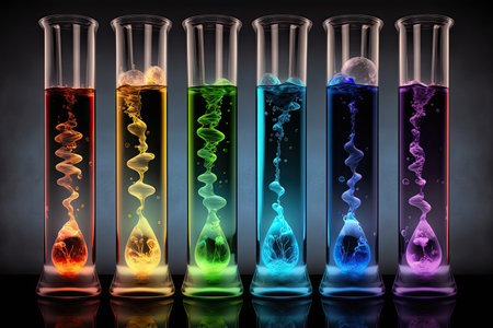 Laboratory glassware test tubes with colorful liquid on dark background, science conceptの素材