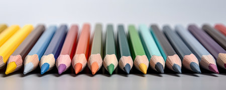 Colored pencils in a row on a white background close upの素材