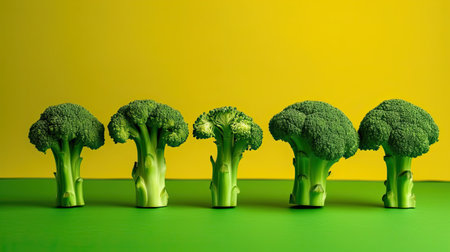 Broccoli on yellow and green background. Healthy food concept with copy space. Minimal style.の素材