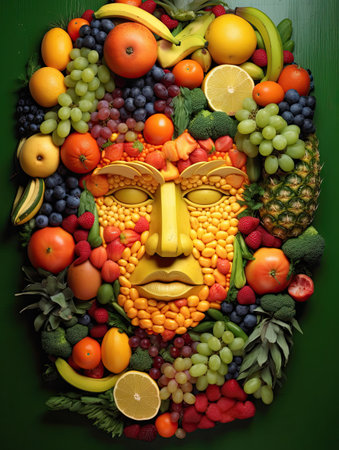Fruit face made of fresh fruits and vegetables on a green backgroundの素材