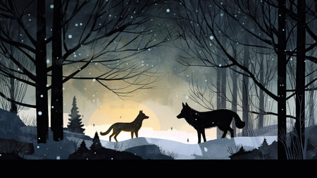 Illustration of a forest in winter with trees, wolf and a fox. Unusual friendshipの素材