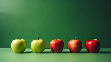 Different red, green and yellow apples on a green background with copy spaceの素材