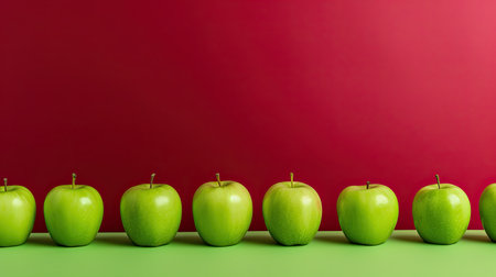 Green apples lined up in a row on a red and green backgroundの素材