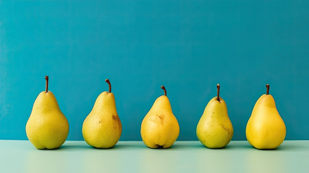 Ripe yellow pears on a blue background with copy spaceの素材