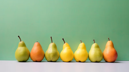 group of colorful pears on white table and green background with copy spaceの素材