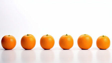 Oranges arranged in a row on a white background with copy spaceの素材
