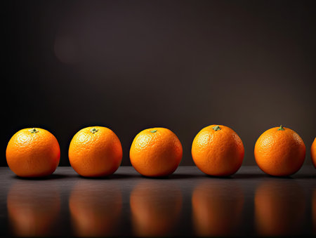 Ripe tangerines in a row on a black background. Copy space.の素材