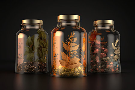 3d illustration of glass jars with herbs and spices on black backgroundの素材