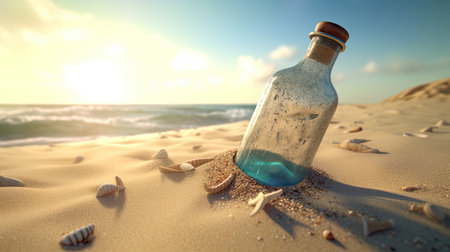 Glass bottle in the beach sand in a sunny day. 3d render illustration.の素材