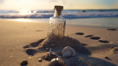 Message in a bottle in the beach sand. Travel and communications concept.の素材
