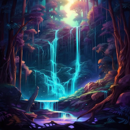 Fantasy landscape with magically glowing waterfall in the forest. 3D illustration.の素材