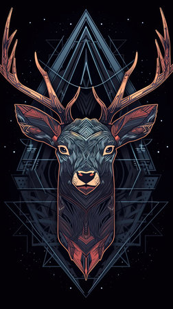 Vector illustration of stylized deer head with tribal ornaments on dark backgroundの素材