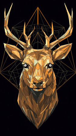 Geometric polygonal deer head on a black background. Vector illustration.の素材