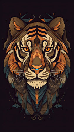 Tribal stylized tiger head isolated on black background. Vector illustration for t-shirt design, tattoo or other uses.の素材