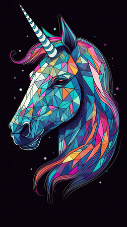Polygonal unicorn head. Colorful geometric vector style illustration isolated on black background.の素材