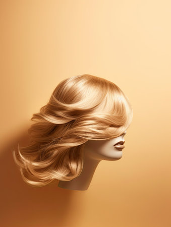 Blonde mannequin head with wavy hair isolated on beige background. 3d rendering.の素材