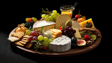 Cheese platter with assorted cheeses on a black background.の素材
