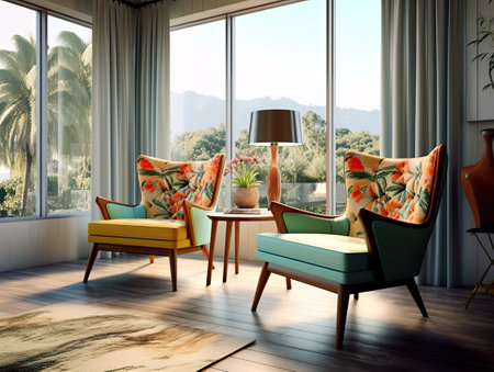 interior of modern living room with yellow armchairs and table, 3d renderの素材