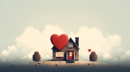 Little house with red heart in the sky. 3D rendering.の素材