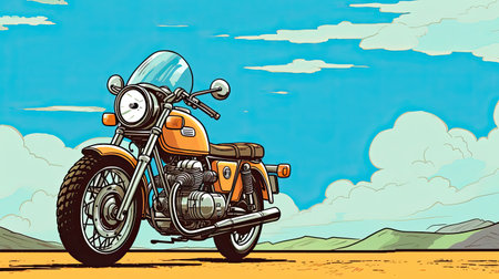 Motorcycle on the road in the mountains. Illustration of a vintage motorcycle.の素材